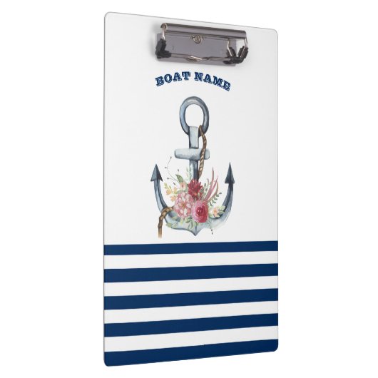 Naam boot,Anchor Flowers Navy Blue Stripes Klembord (Rechts)