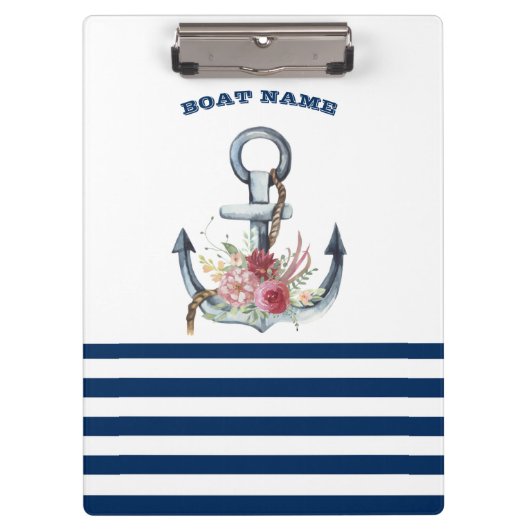 Naam boot,Anchor Flowers Navy Blue Stripes Klembord (Voorkant)