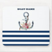 Naam boot,Anchor Flowers Navy Blue Stripes Muismat (Voorkant)