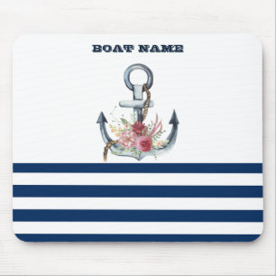 Naam boot,Anchor Flowers Navy Blue Stripes Muismat