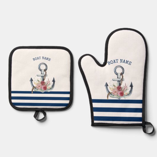 Naam boot,Anchor Flowers Navy Blue Stripes Ovenwant & Pannenlap Set (Voorkant)