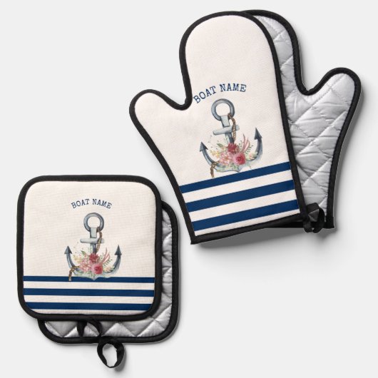 Naam boot,Anchor Flowers Navy Blue Stripes Ovenwant & Pannenlap Set (Voorkant / Achterkant)