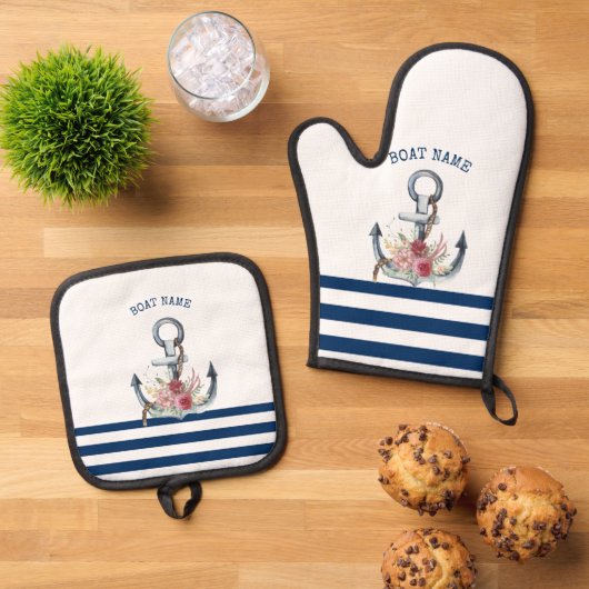 Naam boot,Anchor Flowers Navy Blue Stripes Ovenwant & Pannenlap Set (Top down)