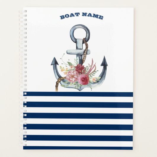 Naam boot,Anchor Flowers Navy Blue Stripes Planner (Voorkant)