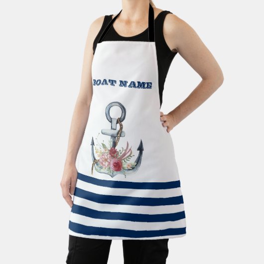 Naam boot,Anchor Flowers Navy Blue Stripes Schort (Insitu)