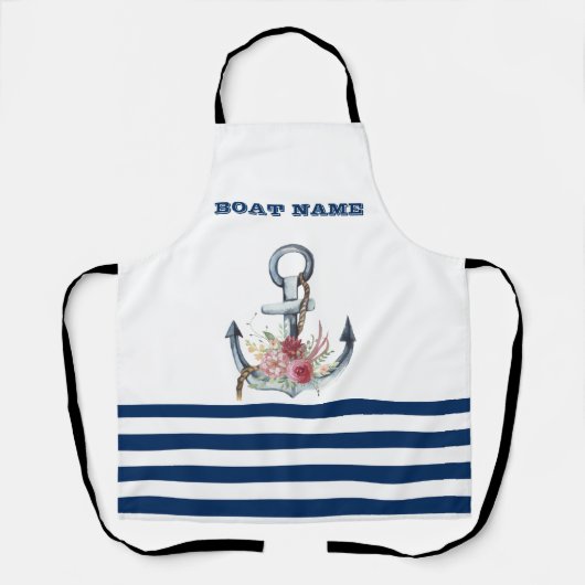 Naam boot,Anchor Flowers Navy Blue Stripes Schort (Voorkant)