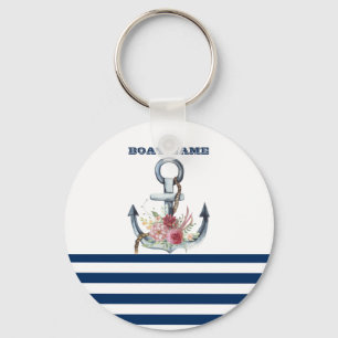 Naam boot,Anchor Flowers Navy Blue Stripes Sleutelhanger