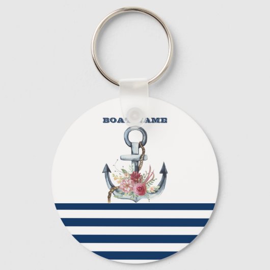 Naam boot,Anchor Flowers Navy Blue Stripes Sleutelhanger (Voorkant)