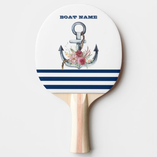 Naam boot,Anchor Flowers Navy Blue Stripes Tafeltennisbatje (Voorkant)