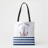 Naam boot,Anchor Flowers Navy Blue Stripes Tote Bag (Voorkant)