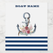 Naam boot,Anchor Flowers Navy Blue Stripes Wijn Etiket (Enkel label)