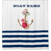 Naam boot,Anchor Flowers Navy Blue White Stripes Douchegordijn (Voorkant)