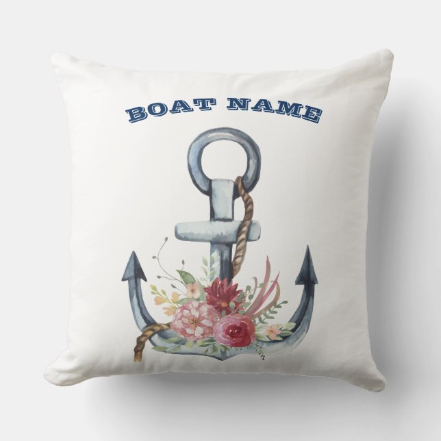 Naam boot, Anker Bloemen Marineblauwe Streep Kussen (Voorkant)