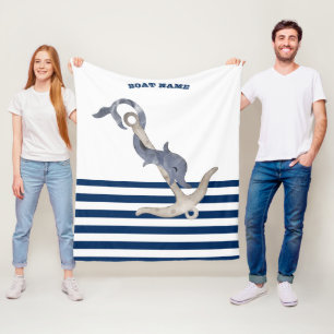Naam boot, Anker Dolfijn Navy Blauwe Witte Strepen Fleece Deken