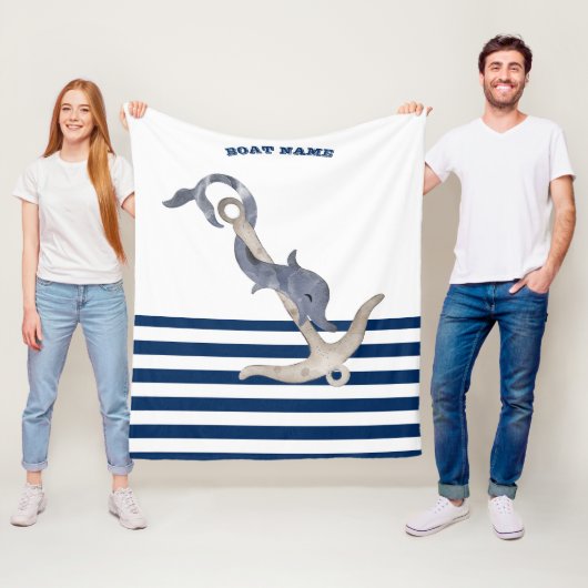 Naam boot, Anker Dolfijn Navy Blauwe Witte Strepen Fleece Deken (In situ)