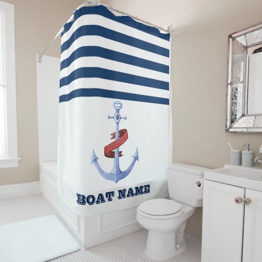 Naam boot,Anker Navy Blauw Wit Gestreept Douchegordijn (In situ)