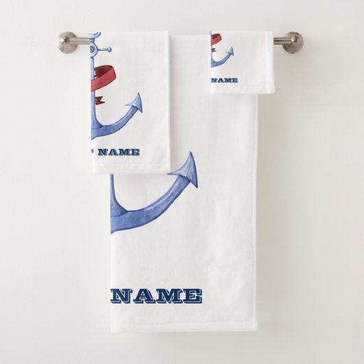 Naam boot,Blauwe Anchor Navy Blue White Striped Bad Handdoek (Insitu)