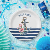 Naam boot,Floral Anchor Navy Blue Stripes Papieren Bordje (Feest)