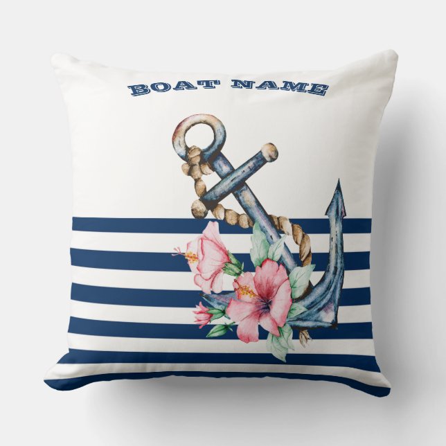 Naam boot,Florale Anker Marineblauwe Streep Kussen (Voorkant)