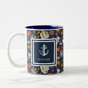 Naam boot marineblauwe zeeleven nautisch anker tweekleurige koffiemok
