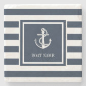 Naam boot Nautical Anchor Navy Blue Stripe Stenen Onderzetter (Voorkant)