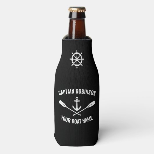 Naam boot Nautical Anchor Oars & Ships Wheel Black Flesjeskoeler (Fles Voorkant)