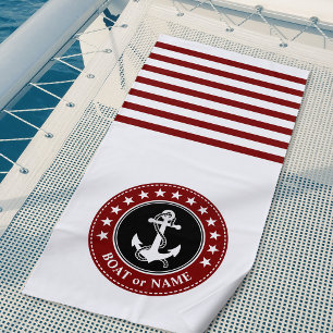 Naam boot Nautical Anchor Stars Stripes Deep Red Strandlaken