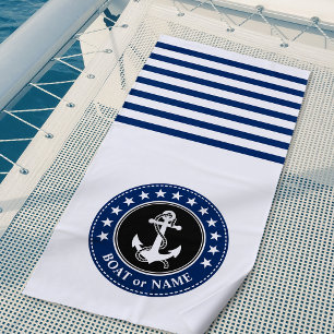Naam boot Nautical Anchor Stars Stripes Navy Blue Strandlaken