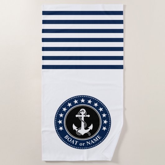 Naam boot Nautical Anchor Stars Stripes Navy Blue Strandlaken (Voorkant)