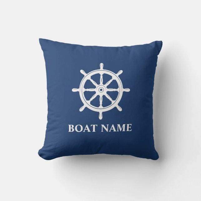 Naam boot Nautical Ships Wheel Helm Navy Blue Buitenkussen (Voorkant)