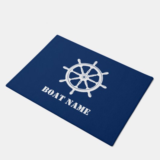 Naam boot Nautical Ships Wheel Helm Navy Blue Deurmat (Schuin)