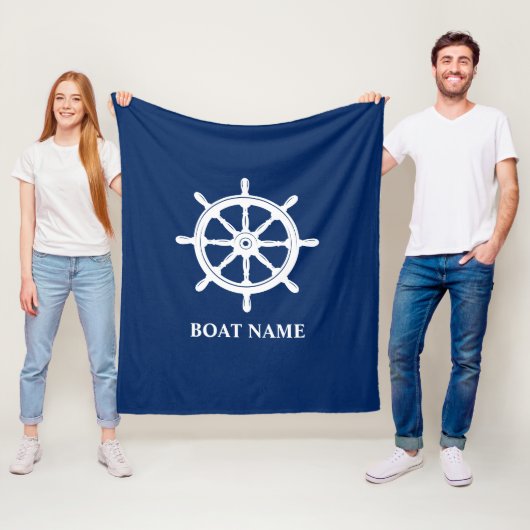Naam boot Nautical Ships Wheel Helm Navy Blue Fleece Deken (In situ)