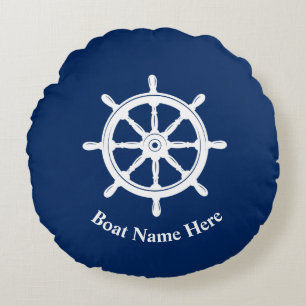Naam boot Nautical Ships Wheel Helm Navy Blue Rond Kussen