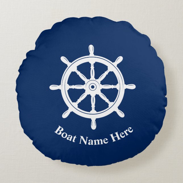 Naam boot Nautical Ships Wheel Helm Navy Blue Rond Kussen (Voorkant)