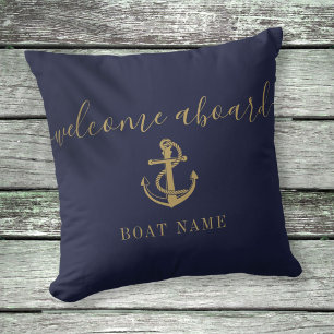 Naam boot Navy Blue en Gold Anchor Welcome Aboard Kussen