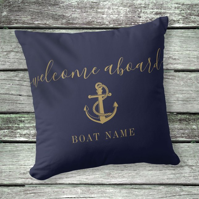 Naam boot Navy Blue en Gold Anchor Welcome Aboard Kussen (Boat Name Navy Blue And Gold Anchor Welcome Aboard Throw Pillow)