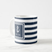 Naam boot Navy Blue Stripe Nautical Anchor Koffiemok (Voorkant links)