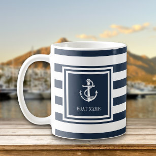 Naam boot Navy Blue Stripe Nautical Anchor Koffiemok