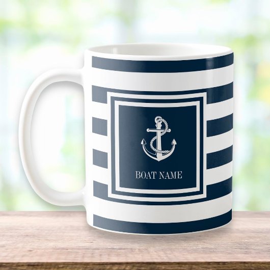 Naam boot Navy Blue Stripe Nautical Anchor Koffiemok