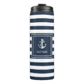 Naam boot Navy Blue Stripe Nautical Anchor Thermosbeker (Voorkant)