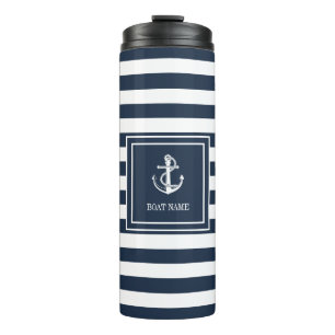 Naam boot Navy Blue Stripe Nautical Anchor Thermosbeker