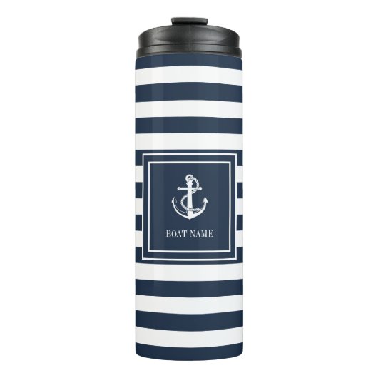 Naam boot Navy Blue Stripe Nautical Anchor Thermosbeker (Voorkant)
