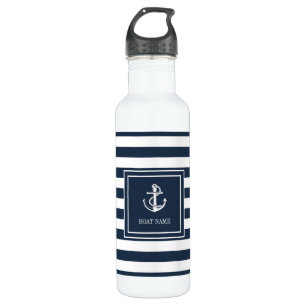 Naam boot Navy Blue Stripe Nautical Anchor Waterfles
