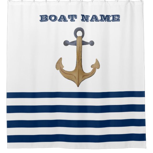 Naam boot,Retro Anchor Navy Blue White Stripes Douchegordijn (Voorkant)