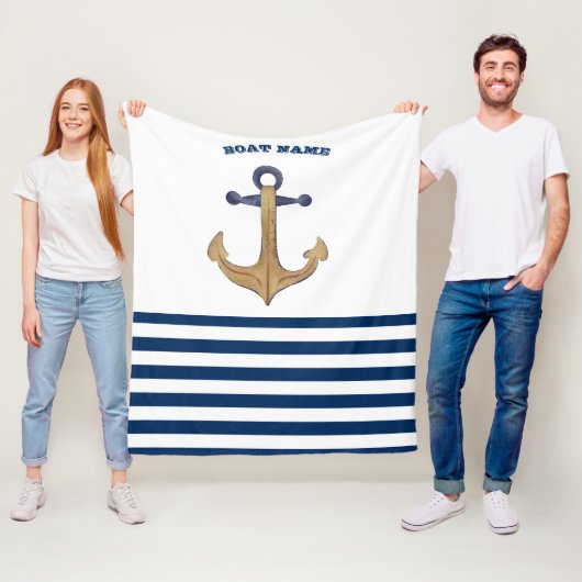 Naam boot,Retro Anker Navy Blauwe Witte Strepen Fleece Deken (In situ)