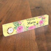 Naam Bord Geel Bumblebee Roze Floral Naambordje (Zijkant)