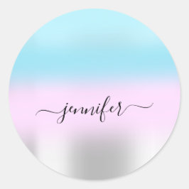 Naam Bruids OMBRE Minimalisme Roze Blauw zilver Ronde Sticker