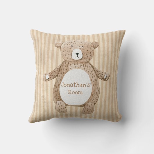 Naam bruin Beer Rustic Stripe Nursery Kussen (Achterkant)