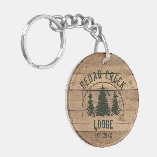 Naam Cabin Rustic Wood Gepersonaliseerd Sleutelhanger (Voorkant Links)