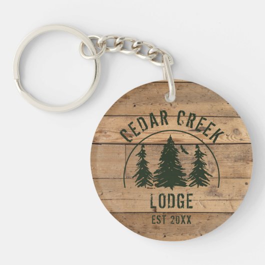 Naam Cabin Rustic Wood Gepersonaliseerd Sleutelhanger (Voorkant)